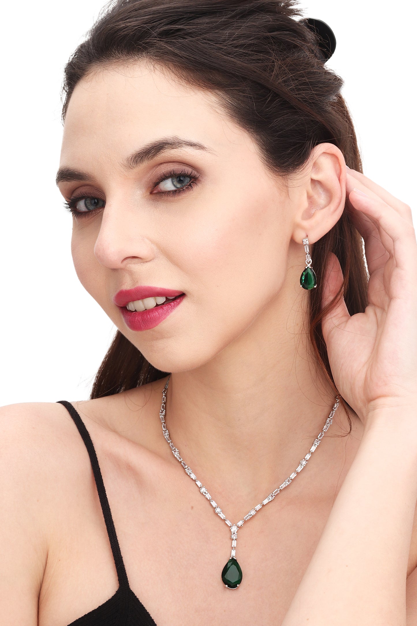 Premium Elegant Minimal CZ Stones Studded Necklace Choker Set With Drop Earrings