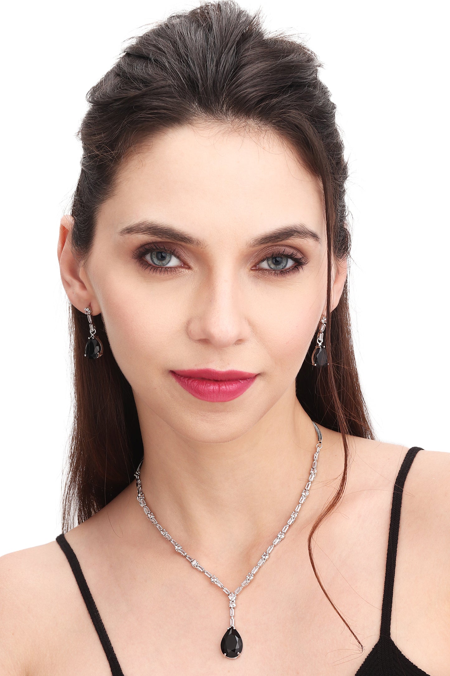 Premium Elegant Minimal CZ Stones Studded Necklace Choker Set With Drop Earrings