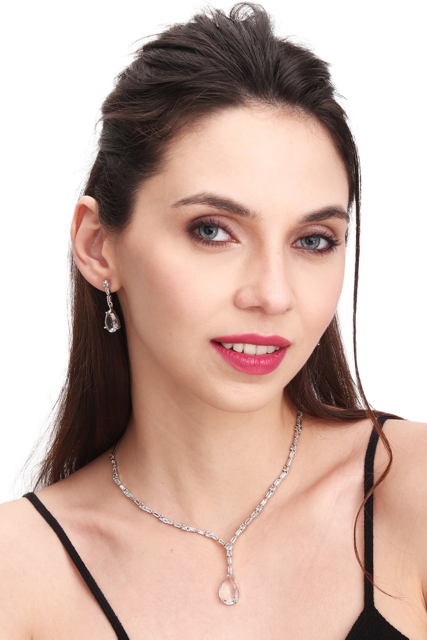 Premium Elegant Minimal CZ Stones Studded Necklace Choker Set With Drop Earrings