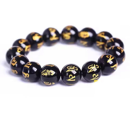 Black Obsidian Mantra Bead Bracelet – Tibetan Spiritual Protection Jewelry