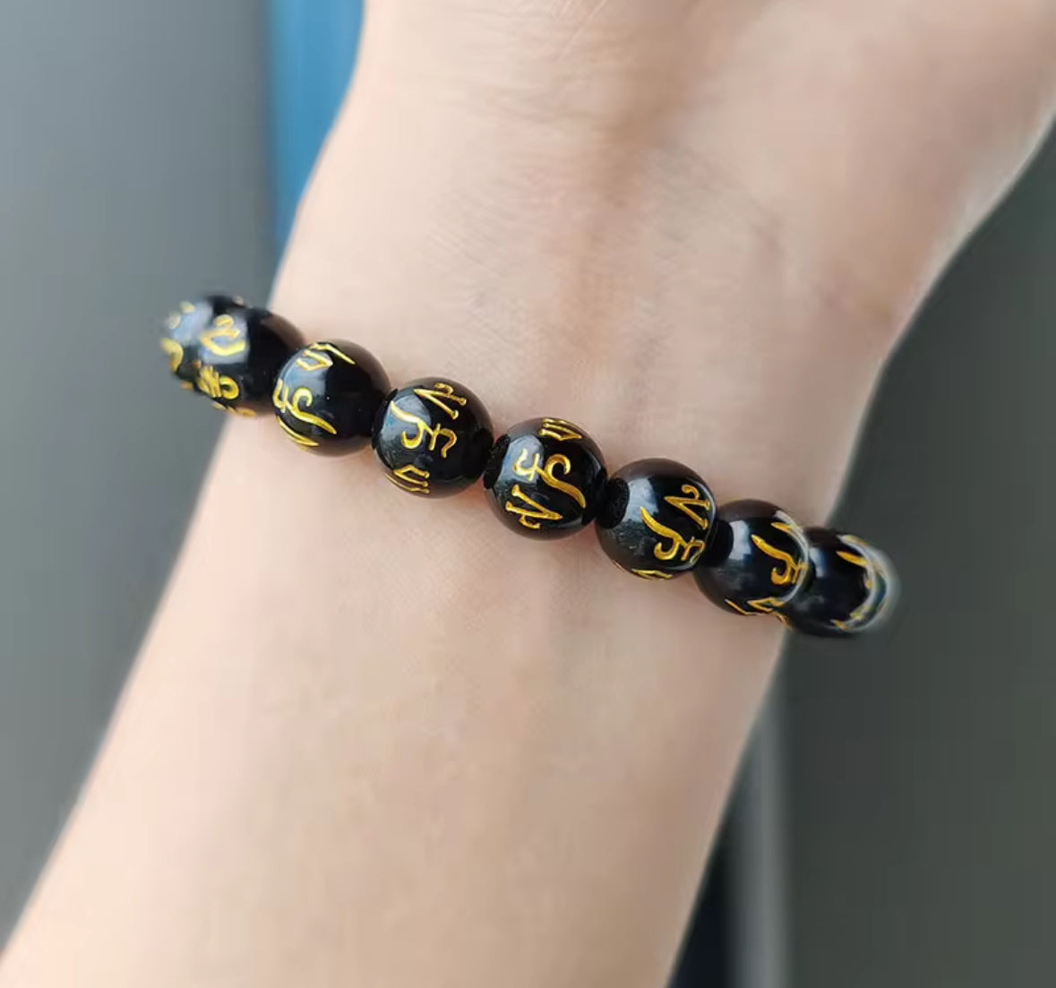 Black Obsidian Mantra Bead Bracelet – Tibetan Spiritual Protection Jewelry