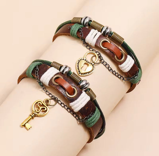 Couple’s Love Bracelet Set with Key & Lock Charms – Boho Vintage Style
