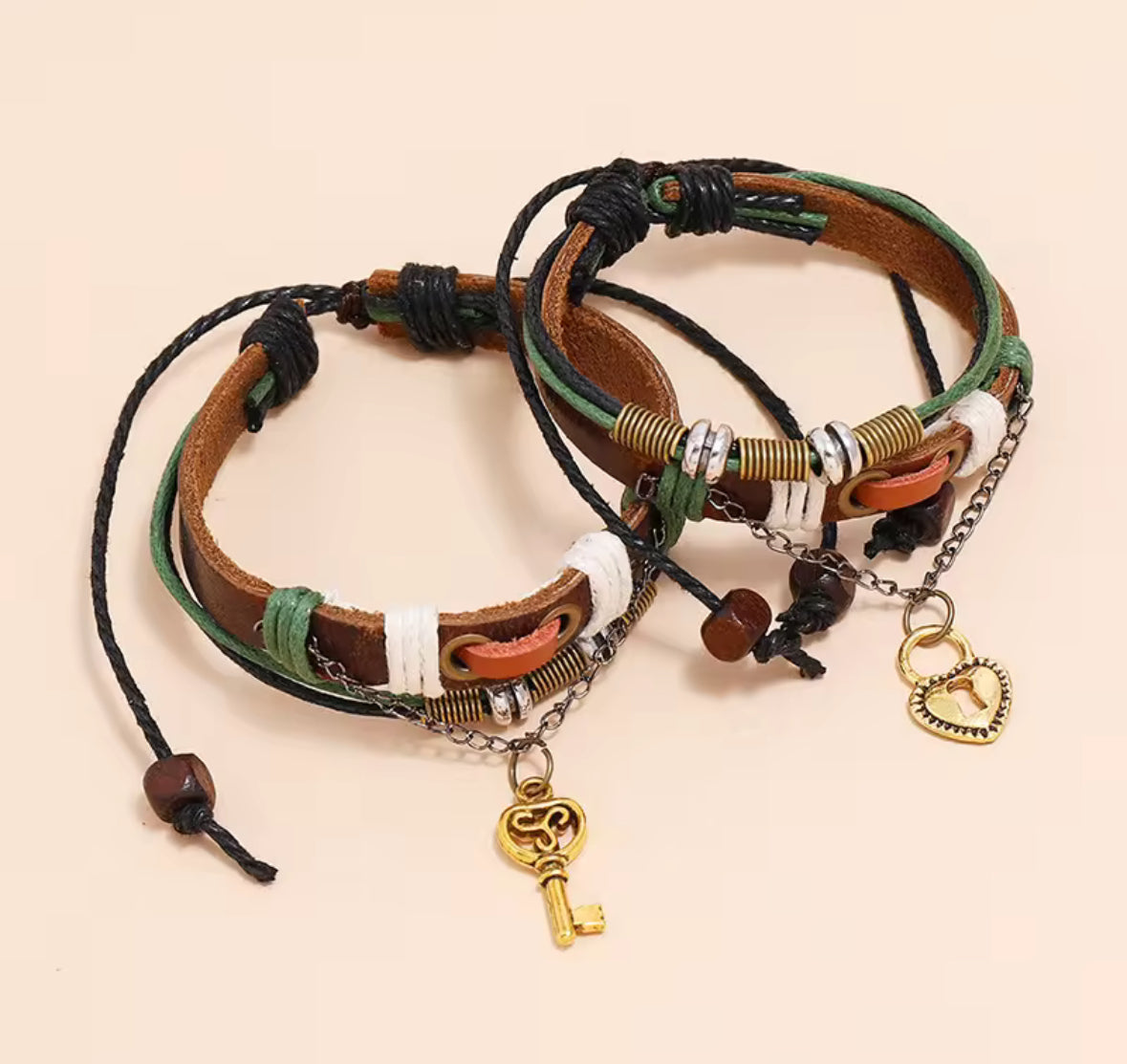 Couple’s Love Bracelet Set with Key & Lock Charms – Boho Vintage Style