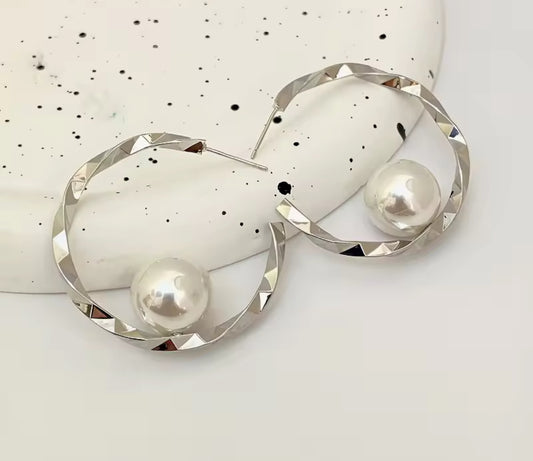 Pearl Studded Korean Hoop Style Earrings