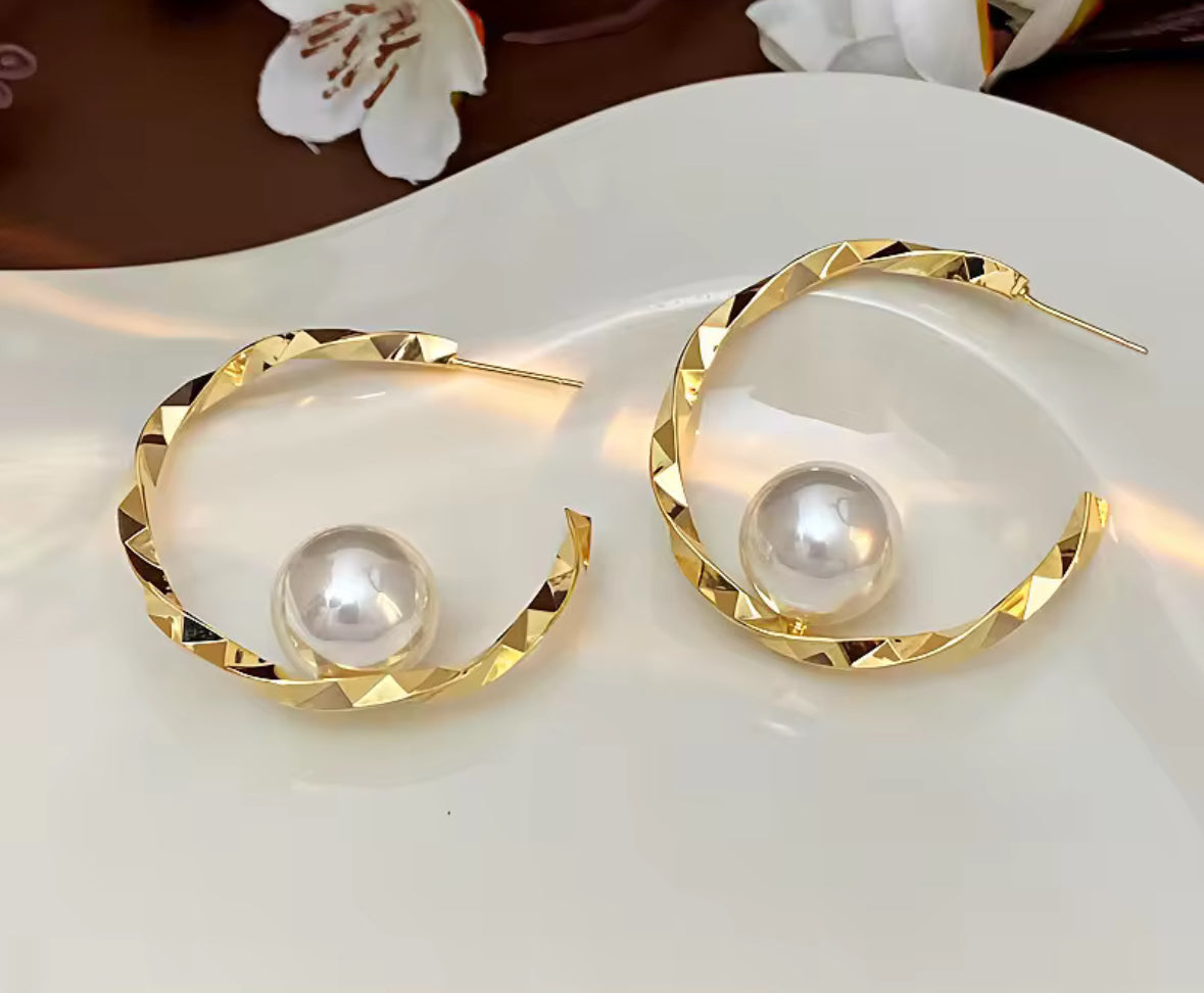 Pearl Studded Korean Hoop Style Earrings