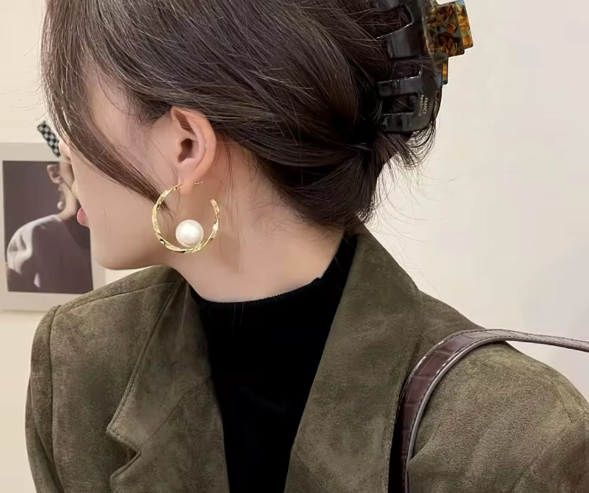 Pearl Studded Korean Hoop Style Earrings
