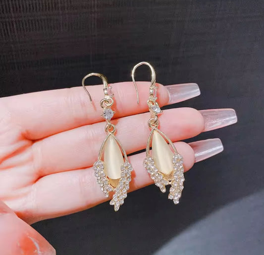 Stones Studded Golden Drop Korean Fishhook Earrings
