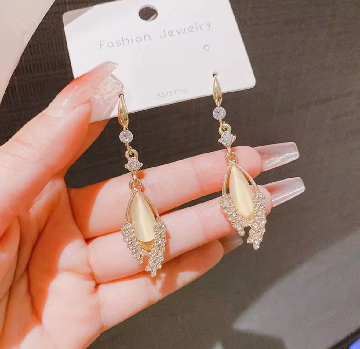 Stones Studded Golden Drop Korean Fishhook Earrings