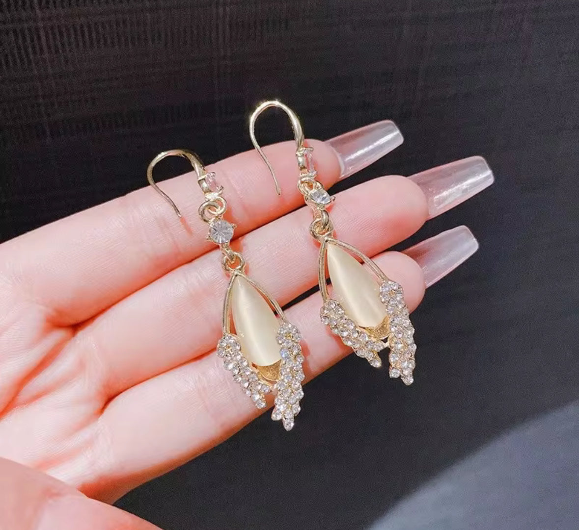 Stones Studded Golden Drop Korean Fishhook Earrings