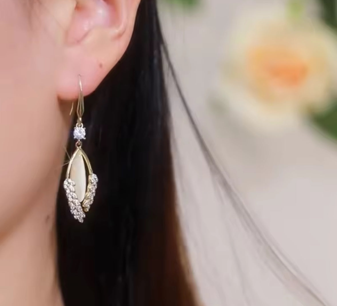 Stones Studded Golden Drop Korean Fishhook Earrings