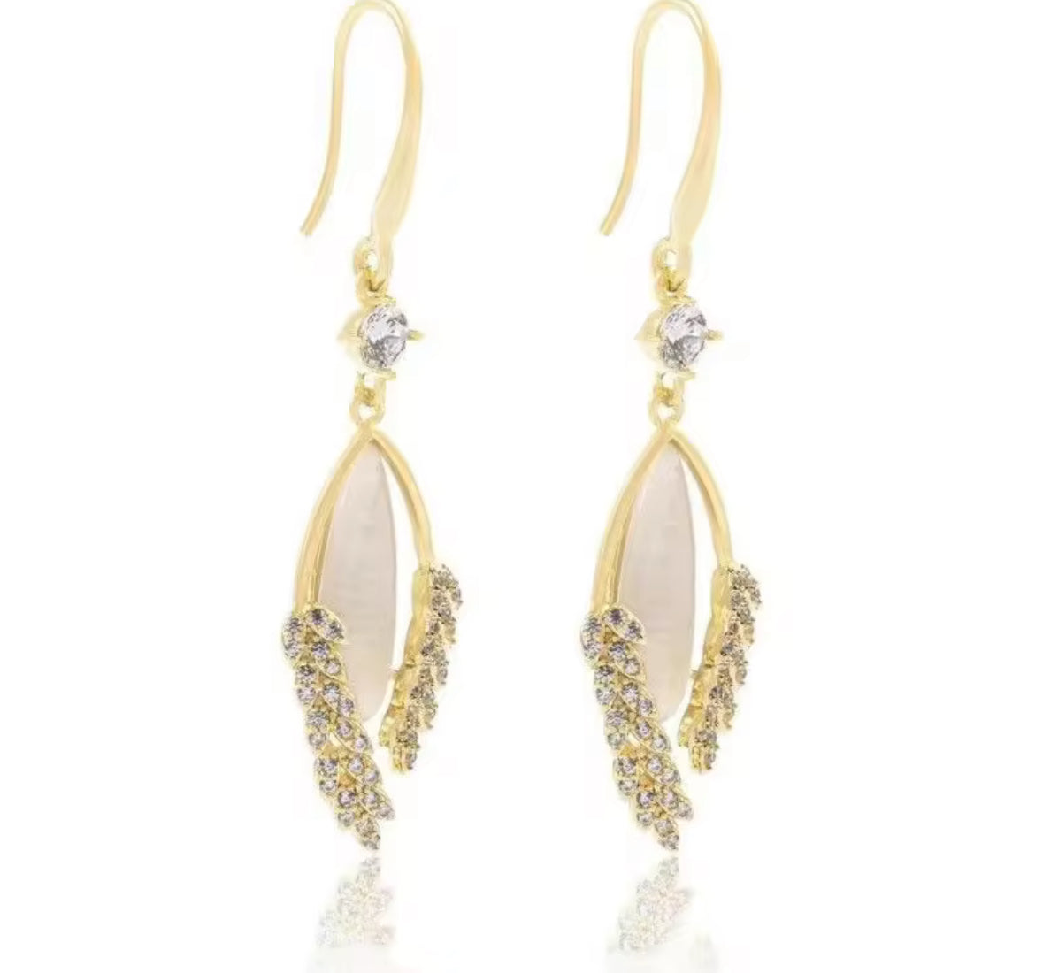 Stones Studded Golden Drop Korean Fishhook Earrings