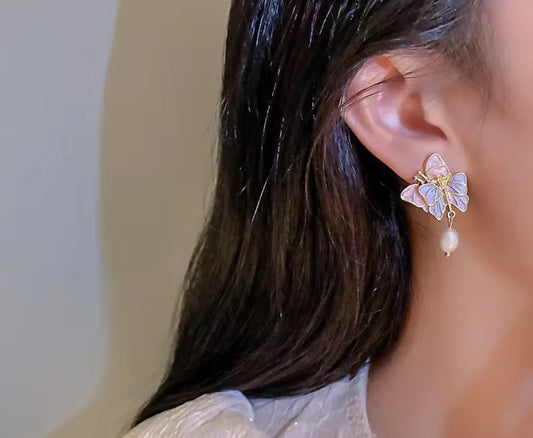 Double Butterfly Pearl Drop Korean Imitation Earrings – Chic & Affordable Styles