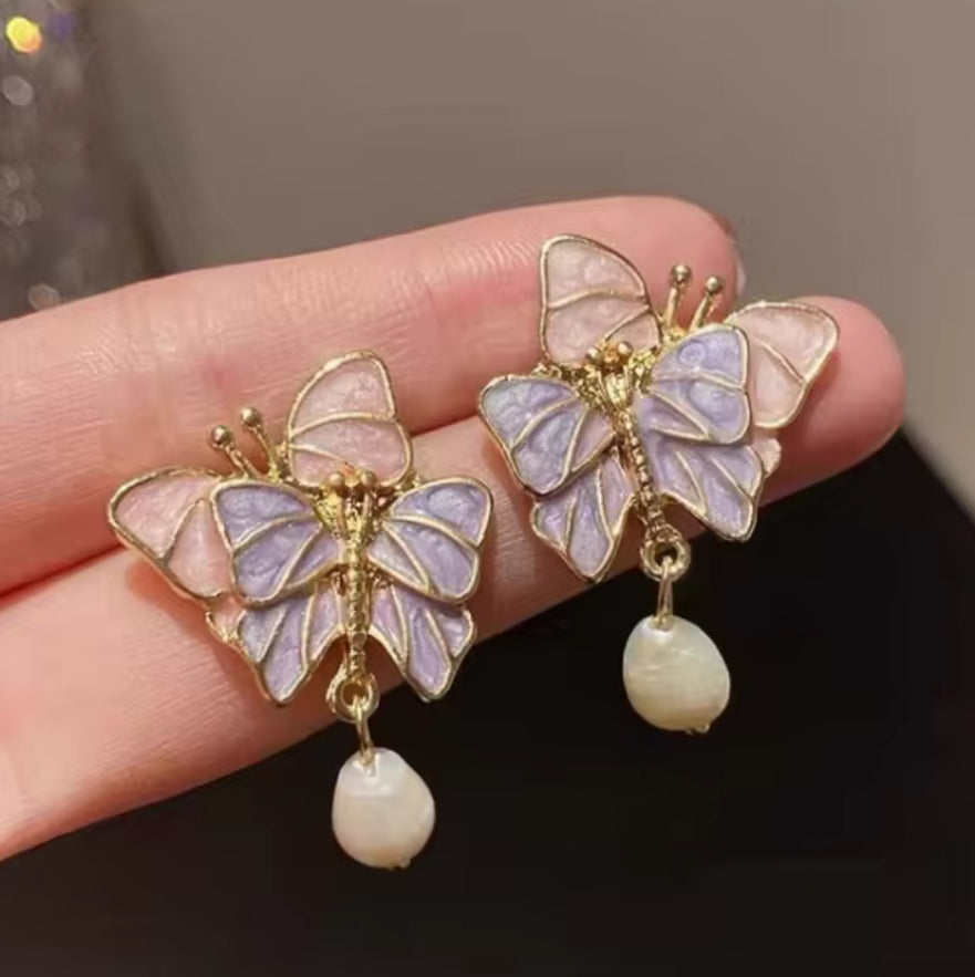 Double Butterfly Pearl Drop Korean Imitation Earrings – Chic & Affordable Styles
