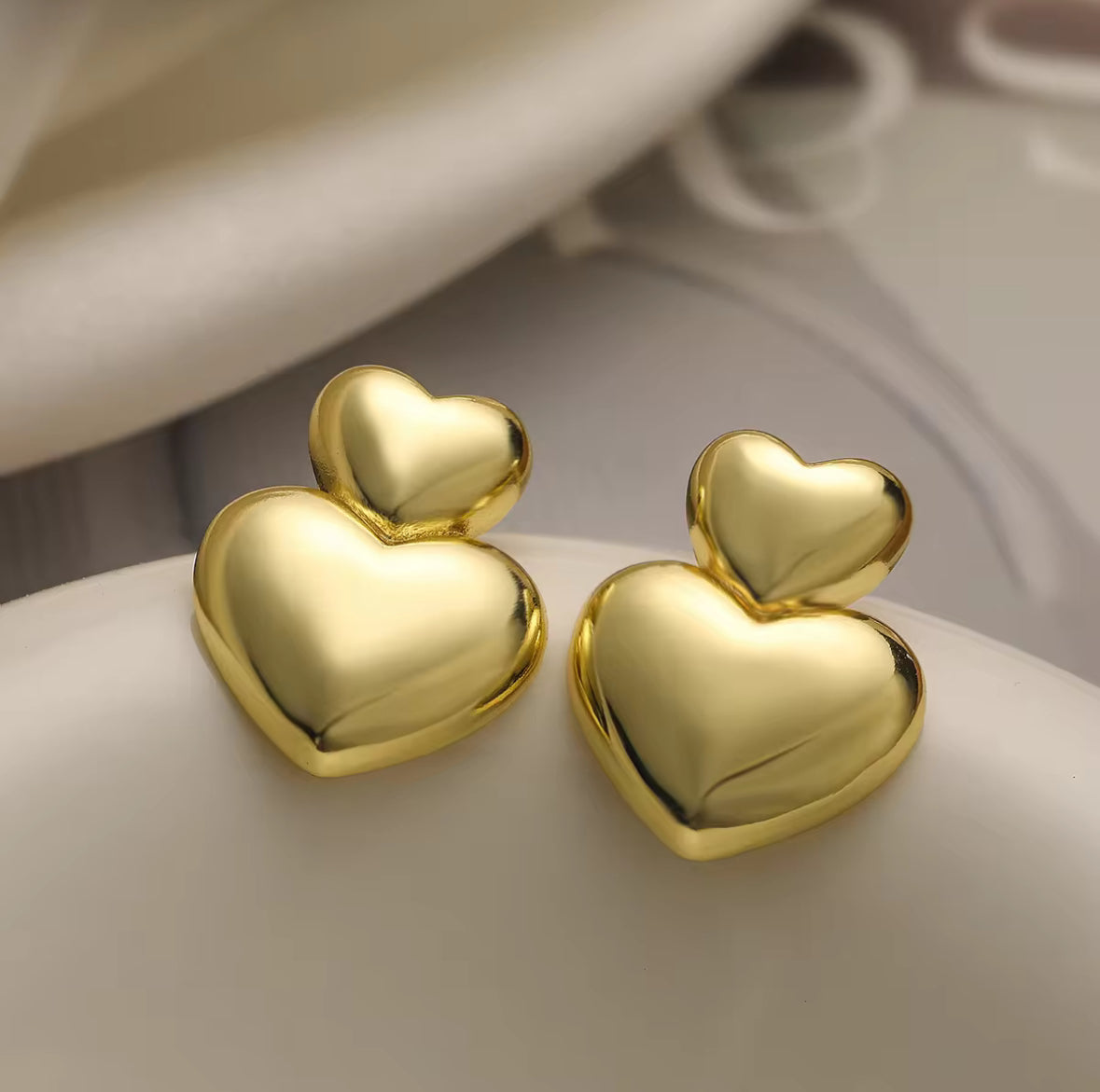 Stainless Steel Dual Heart Korean Imitation Earrings – Chic & Affordable Styles