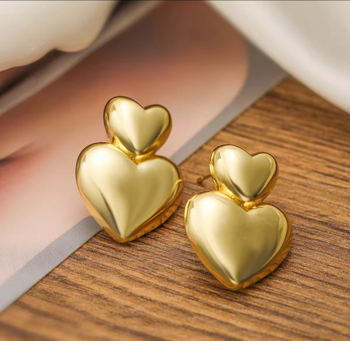 Stainless Steel Dual Heart Korean Imitation Earrings – Chic & Affordable Styles