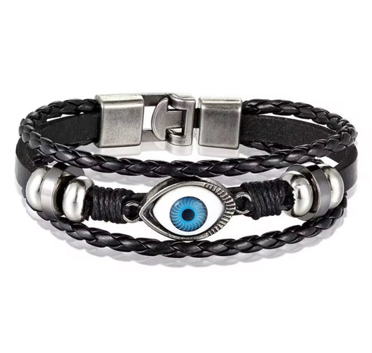 Men’s Black Leather Evil Eye Bracelet – Protection Wristband