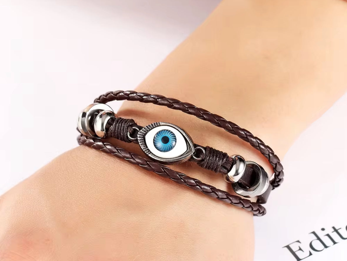 Men’s Black Leather Evil Eye Bracelet – Protection Wristband