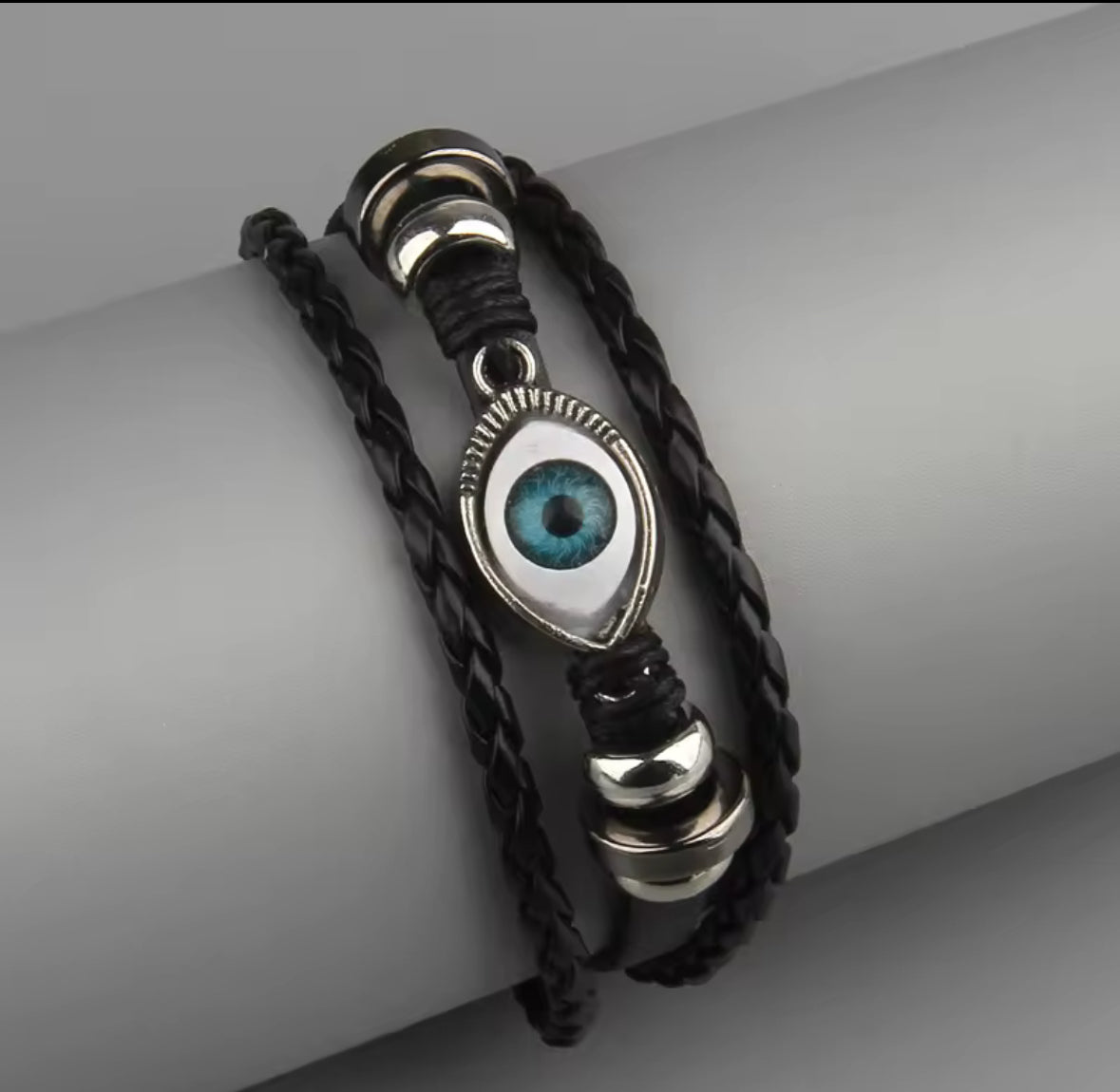 Men’s Black Leather Evil Eye Bracelet – Protection Wristband