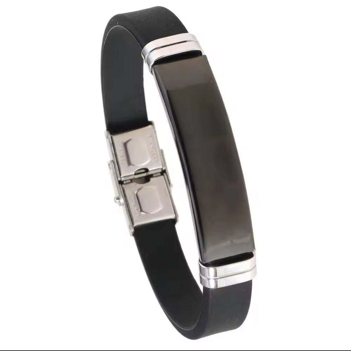 Men’s Silicone Bracelet with Silver Stainless Steel Plate – Sleek & Durable