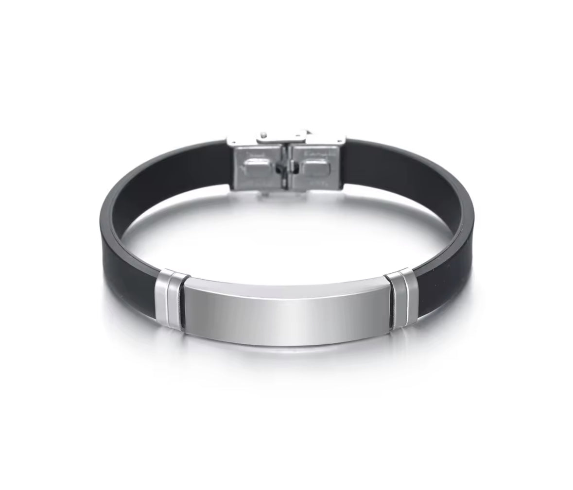 Men’s Silicone Bracelet with Silver Stainless Steel Plate – Sleek & Durable