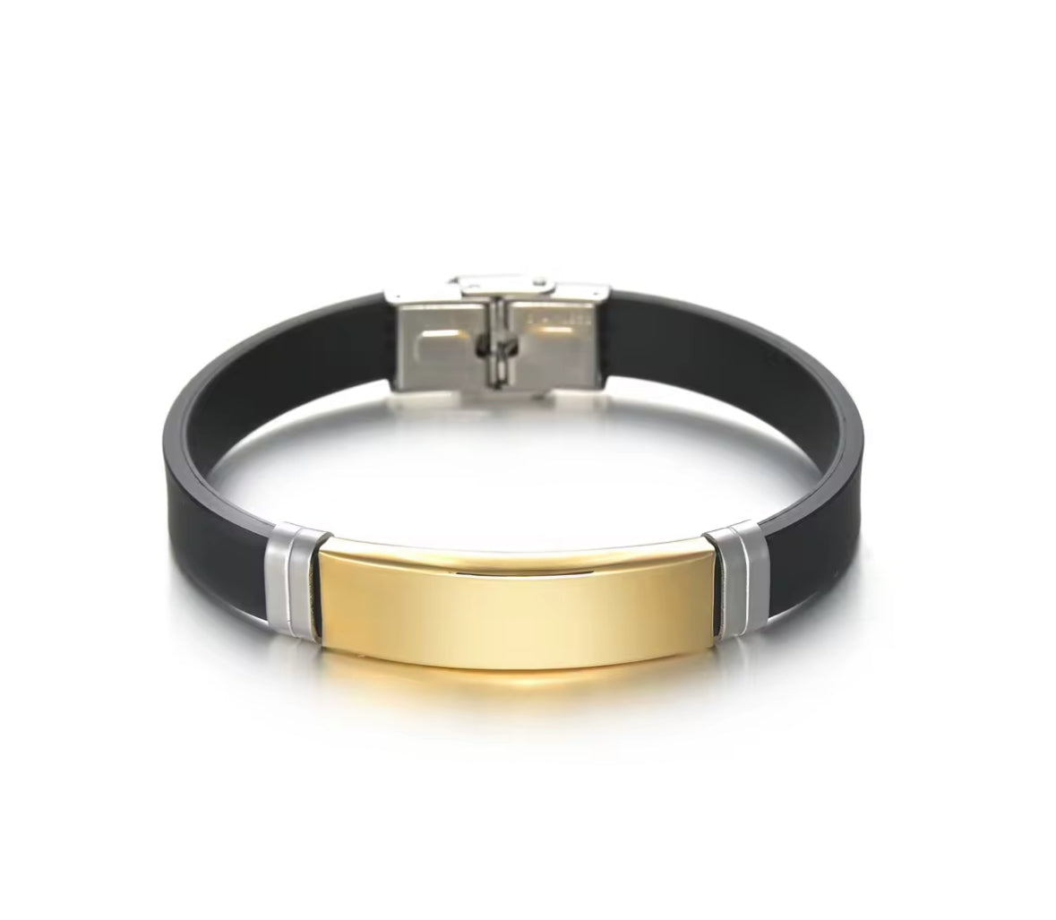 Men’s Silicone Bracelet with Silver Stainless Steel Plate – Sleek & Durable