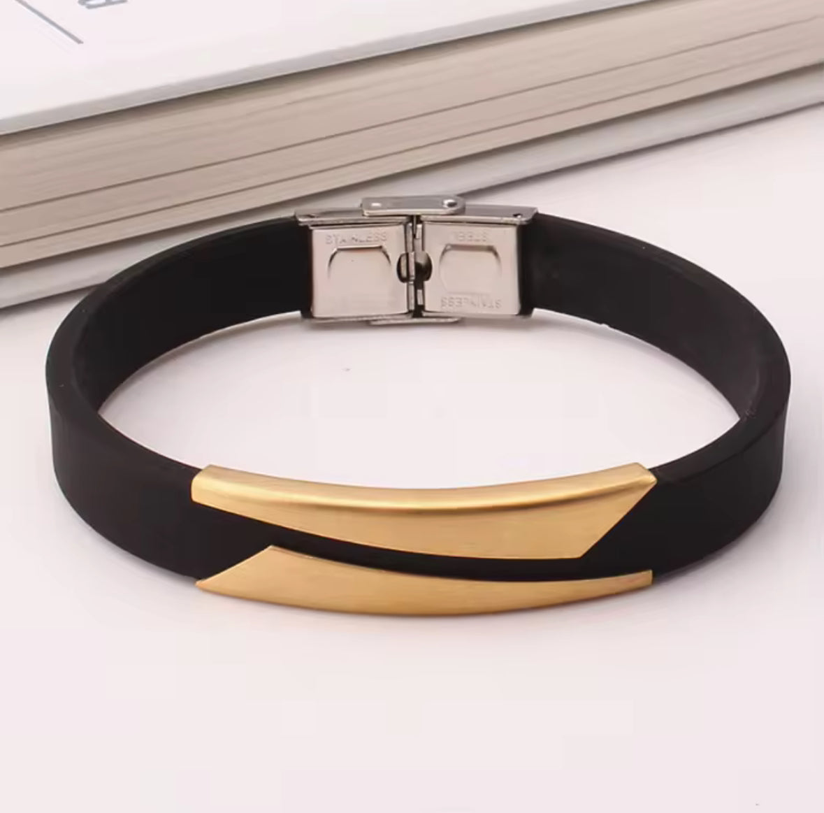 Men's Black Silicone Bracelet Stainless Steel Accent – Modern & Durable