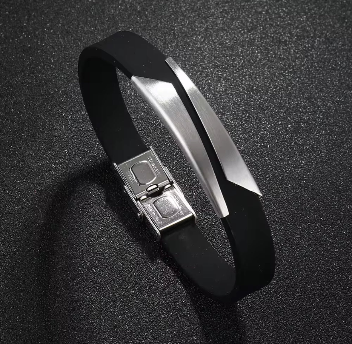 Men's Black Silicone Bracelet Stainless Steel Accent – Modern & Durable