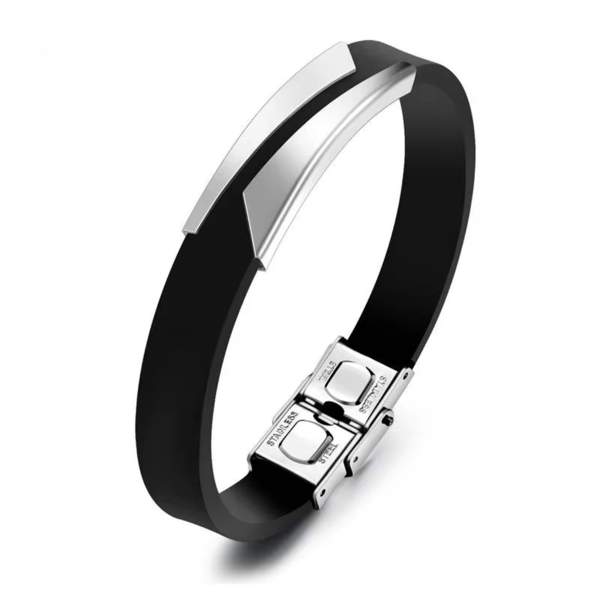 Men's Black Silicone Bracelet Stainless Steel Accent – Modern & Durable