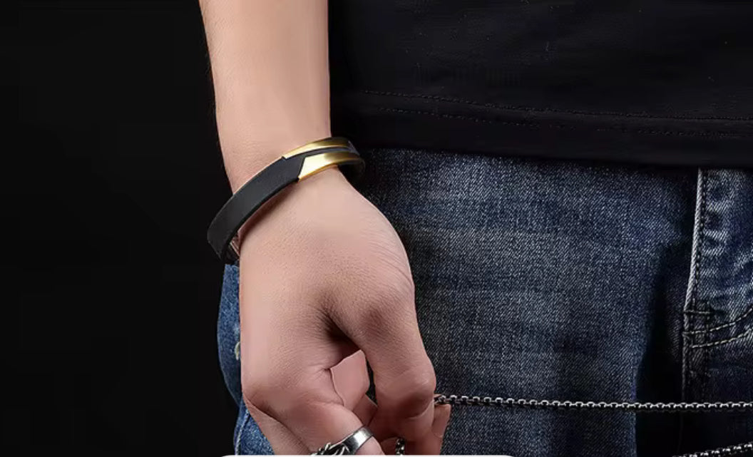 Men's Black Silicone Bracelet Stainless Steel Accent – Modern & Durable