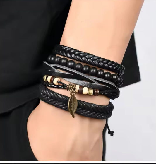 Men’s Black Leather Bracelet Set – Multilayer Beaded Wristband with Leaf Charm