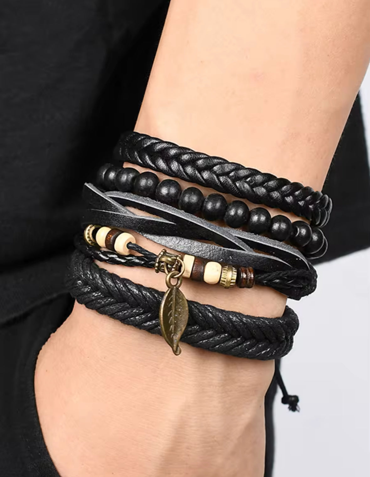 Men’s Black Leather Bracelet Set – Multilayer Beaded Wristband with Leaf Charm