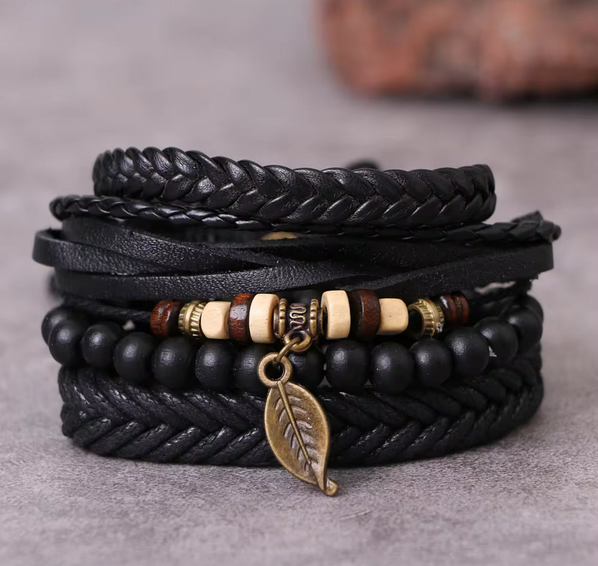 Men’s Black Leather Bracelet Set – Multilayer Beaded Wristband with Leaf Charm