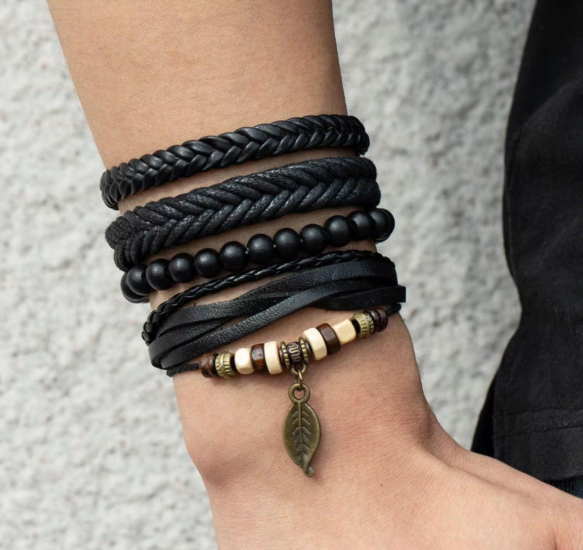 Men’s Black Leather Bracelet Set – Multilayer Beaded Wristband with Leaf Charm