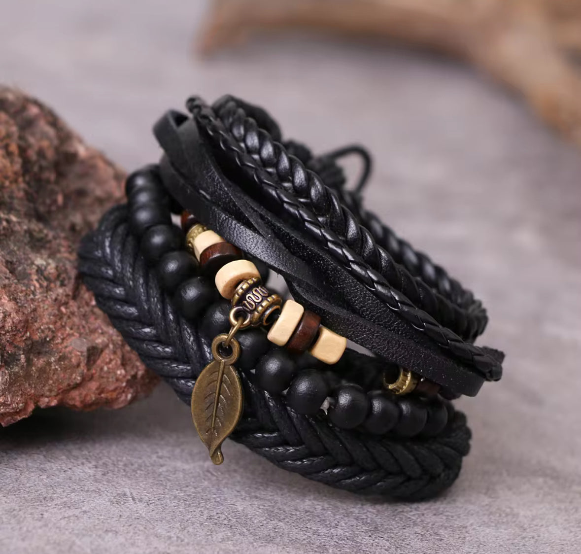 Men’s Black Leather Bracelet Set – Multilayer Beaded Wristband with Leaf Charm