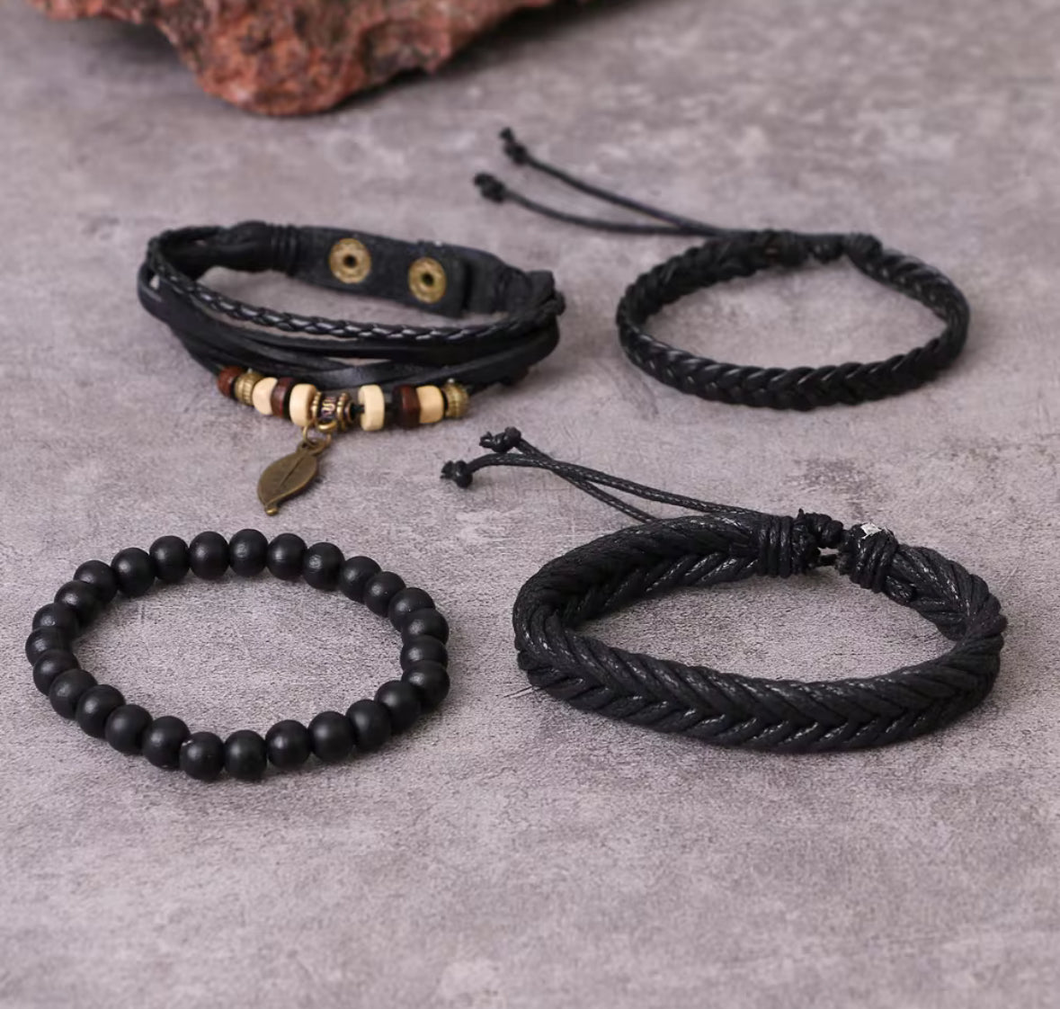 Men’s Black Leather Bracelet Set – Multilayer Beaded Wristband with Leaf Charm