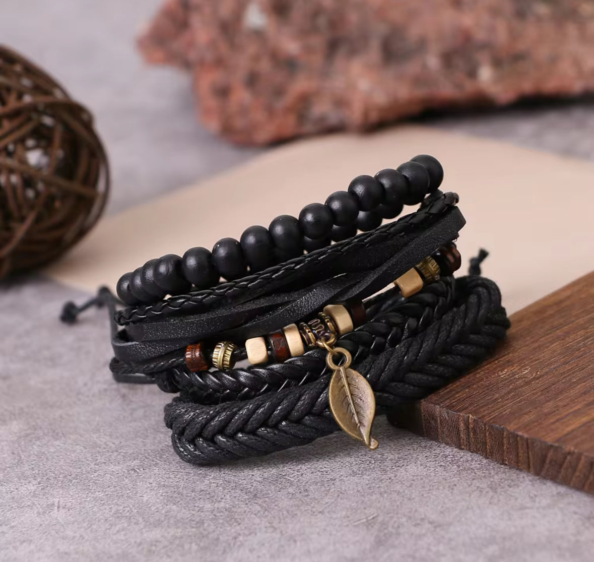 Men’s Black Leather Bracelet Set – Multilayer Beaded Wristband with Leaf Charm