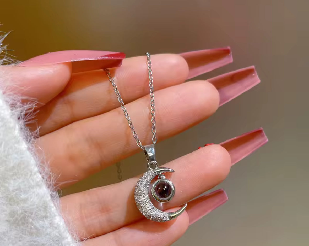 Silver Crescent Moon Necklace with Love Written in 100 Languages – Dainty Celestial Pendant for Women | Elegant Moon & Star Jewelry Gift