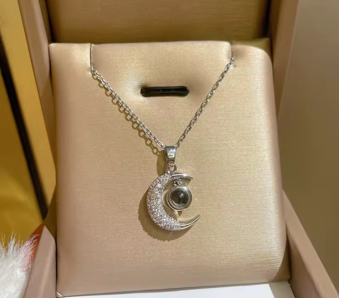 Silver Crescent Moon Necklace with Love Written in 100 Languages – Dainty Celestial Pendant for Women | Elegant Moon & Star Jewelry Gift