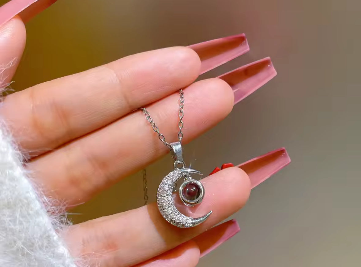 Silver Crescent Moon Necklace with Love Written in 100 Languages – Dainty Celestial Pendant for Women | Elegant Moon & Star Jewelry Gift