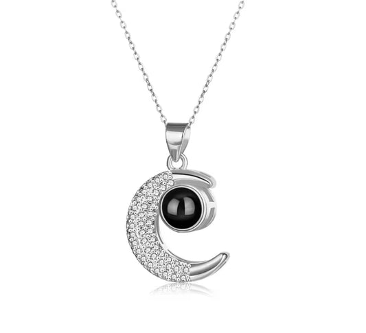 Silver Crescent Moon Necklace with Love Written in 100 Languages – Dainty Celestial Pendant for Women | Elegant Moon & Star Jewelry Gift
