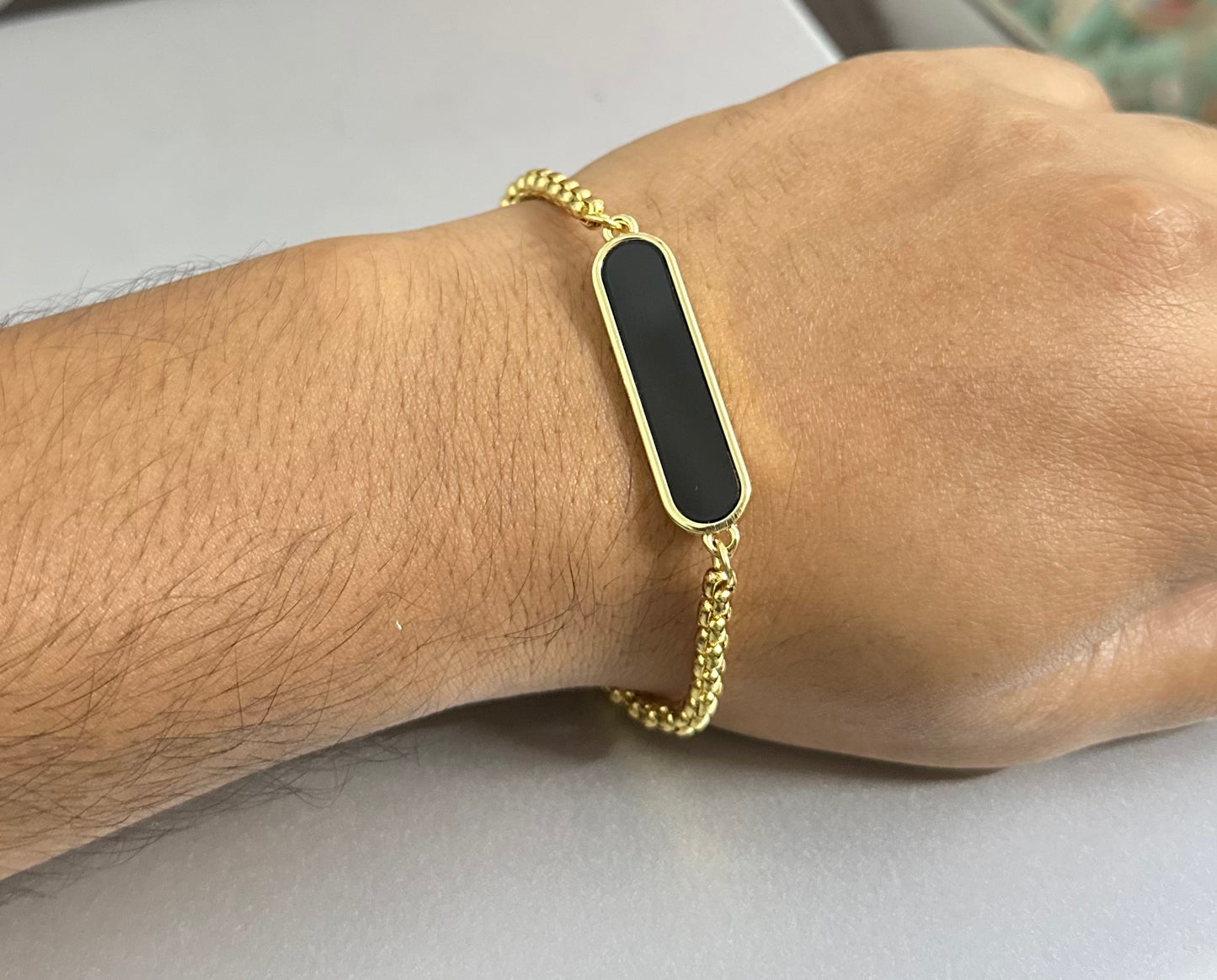 Premium Black Glass Bar Style Boys Wristband Bracelet