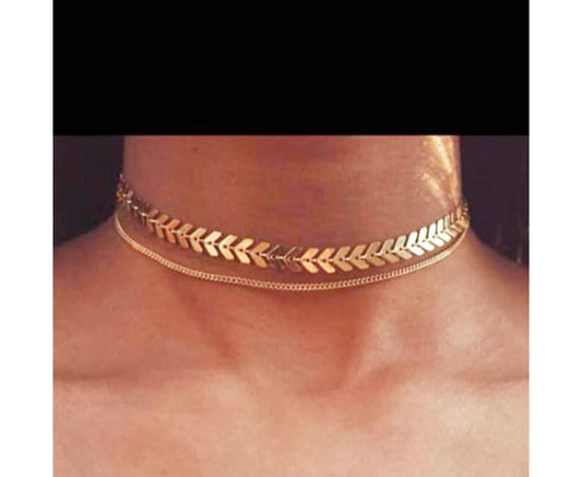 Golden Tone Layered Leaf Choker Necklace Chain