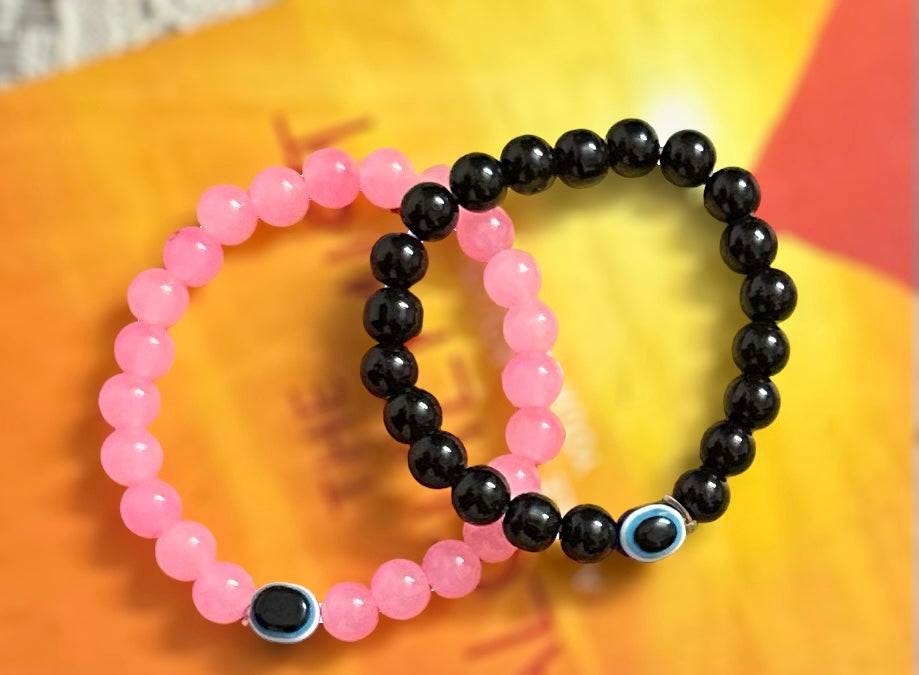 Pink and Black Evil Eye Bead Adjustable Unisex Hand Bracelet