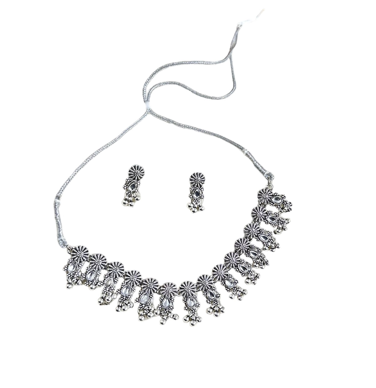 Oxidised Adjustable Drawstring Necklace Choker Set With Earrings