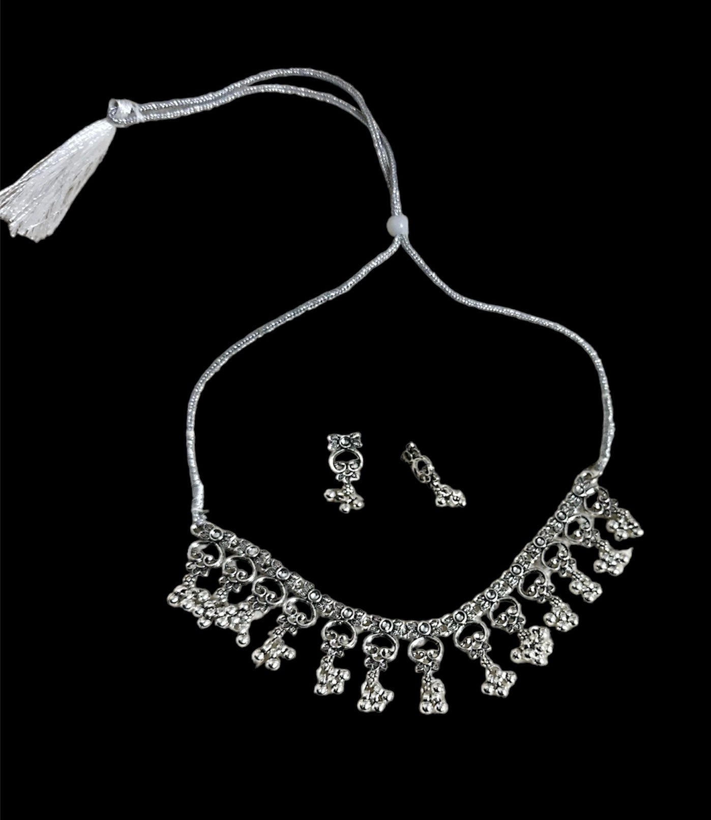 Oxidised Adjustable Drawstring Necklace Choker Set With Earrings