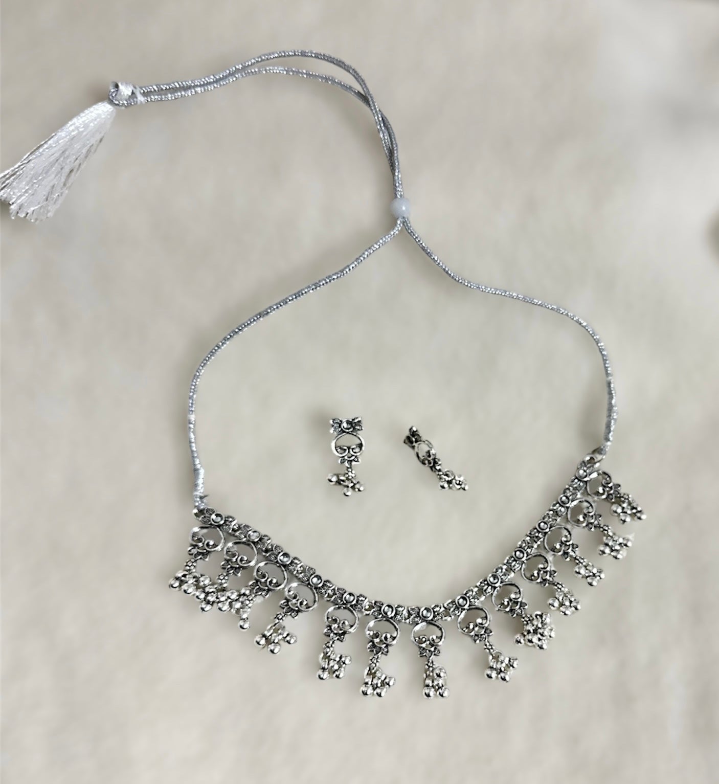 Oxidised Adjustable Drawstring Necklace Choker Set With Earrings