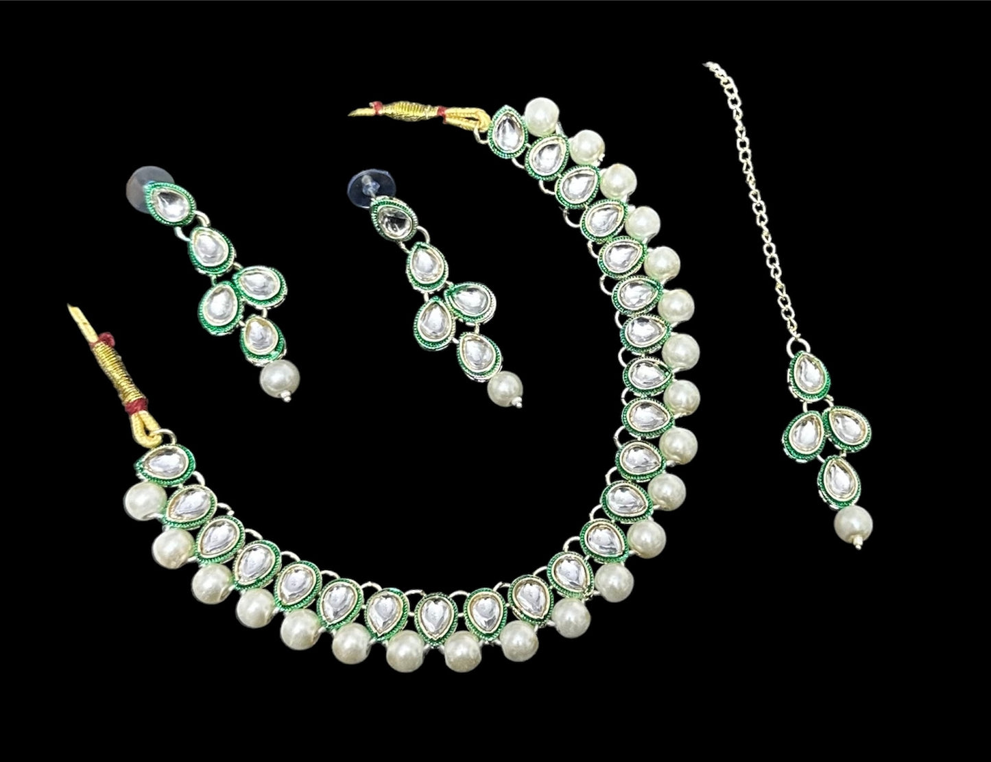 Stones Studded Pearl Necklace Choker With Earrings and Mangtikka Set