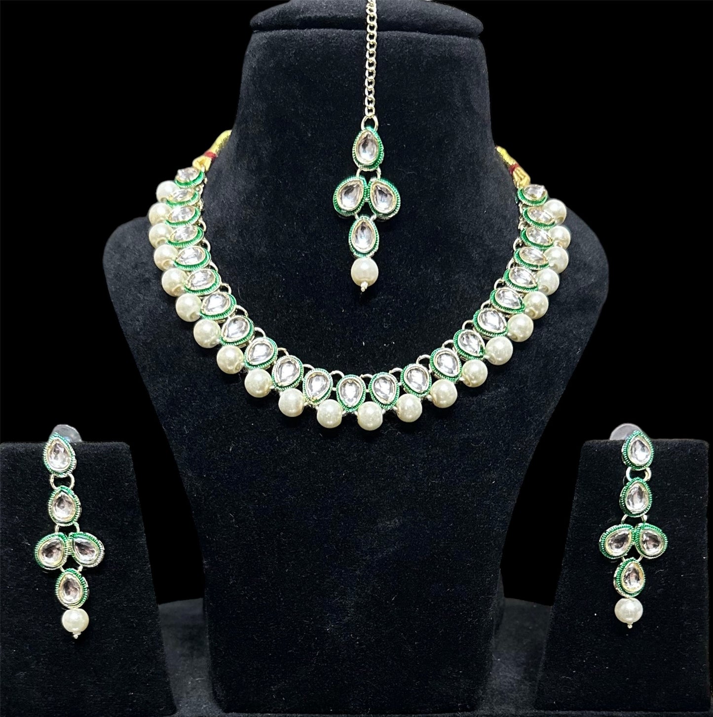 Stones Studded Pearl Necklace Choker With Earrings and Mangtikka Set