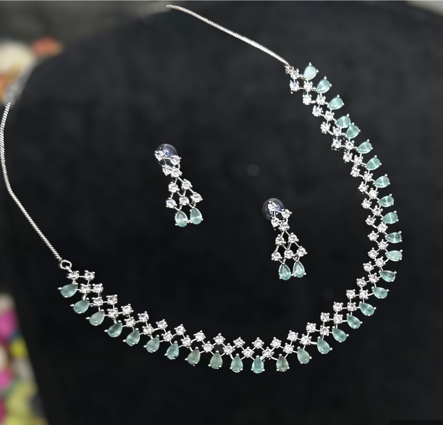 White and Colored AD Stones Studded Minimal Necklace Choker Set With Earrings