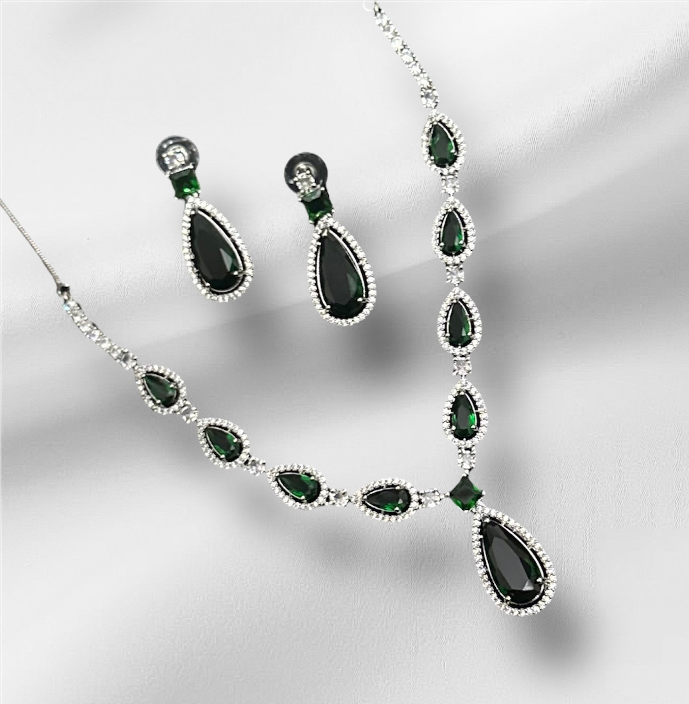 Premium CZ Stones Studded Green Necklace Choker Set With Heavy Look Drop Earrings